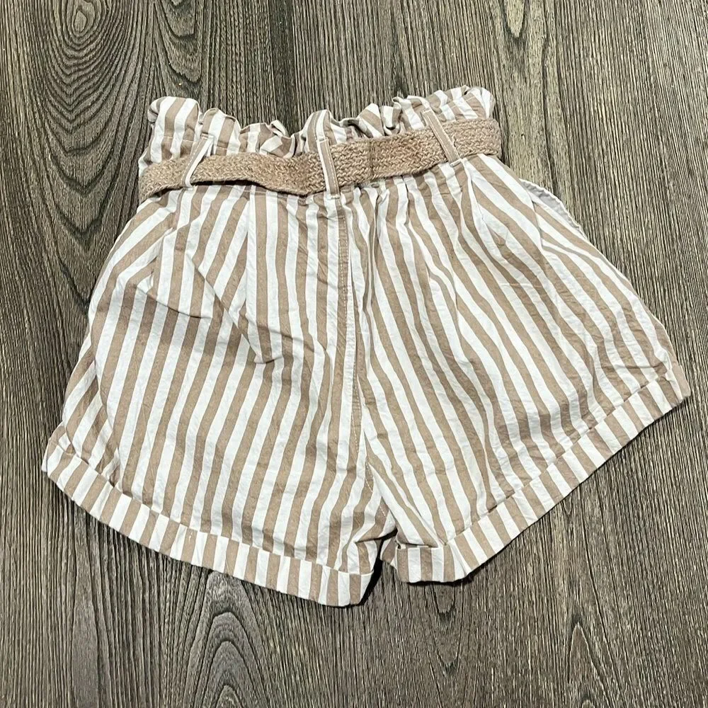 Altar'd State Striped High Rise Belted Shorts Relaxed Fit Khaki White Large